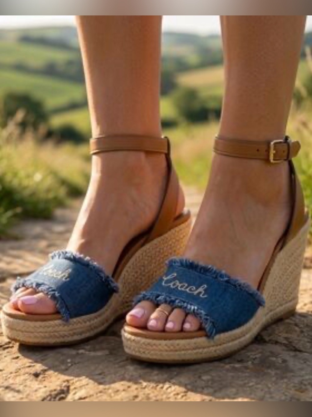 Coach “Kelly” Blue Denim Espadrille Wedge Sandals leather ankle Strap sz 7.5
